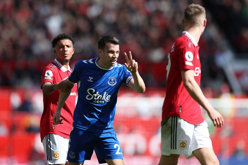 Seamus Coleman reacts angrily. Getty