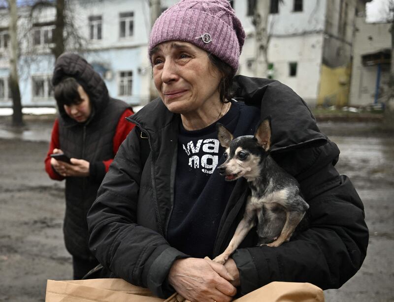 A woman is evacuated from the Ukrainian city of Bakhmut amid the Russian invasion of Ukraine. AFP