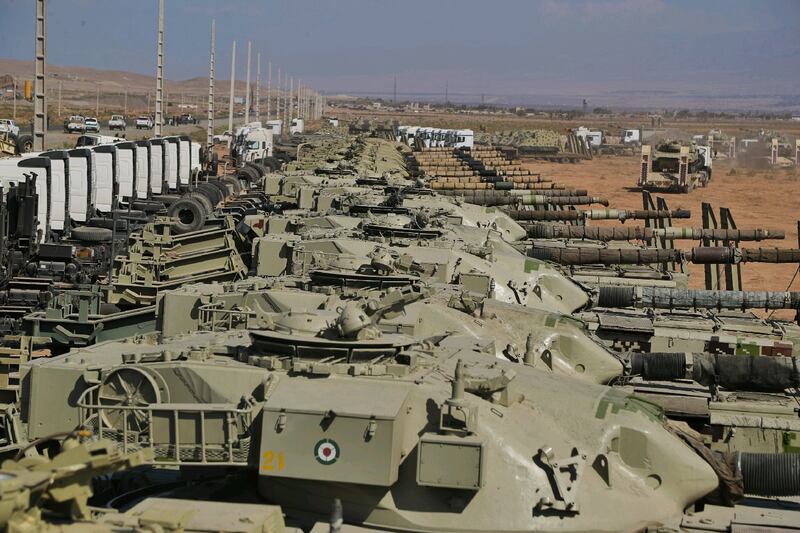 Iranian Army tanks lined up for the exercise. Iran said it would not tolerate the presence of Israel near its border and would 'carry out any necessary action in this regard'. EPA