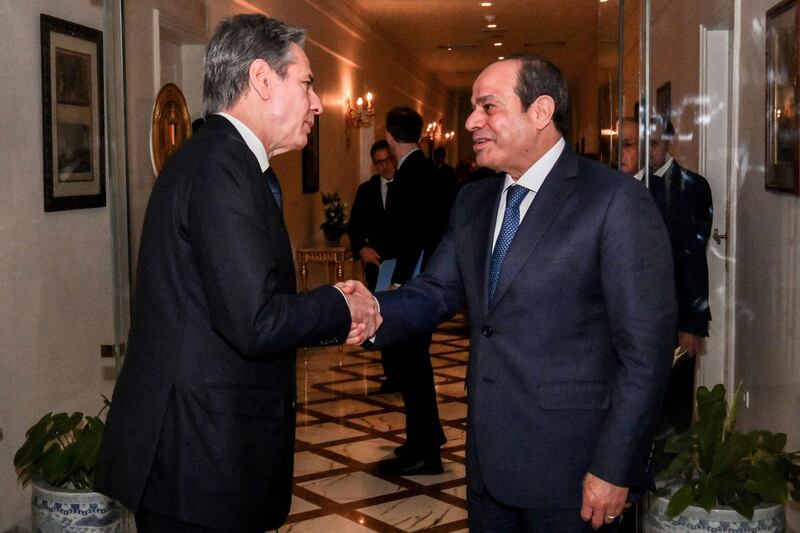 Egyptian president Abdel Fattah El Sisi (R) meeting US Secretary of State Antony Blinken in Cairo at the Ittihadia presidential Palace on January 11, 2024. AFP