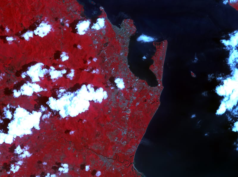 9.	This Terra satellite image shows how green (represented in red in this photo) the island of Leyte was before the deadly super typhoon Haiyan hit Philippines in 2013. Photo: Nasa Earth Observatory