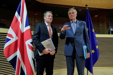 European Union chief Brexit negotiator Michel Barnier and British Prime Minister's Europe adviser David Frost 5 are seen at start of the first round of post -Brexit trade deal talks between the EU and the United Kingdom, in Brussels, Belgium March 2, 2020. Pool via REUTERS