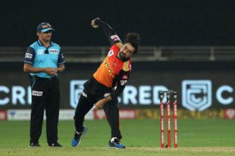 Rashid Khan of Sunrisers Hyderabad during match 3 of season 13 of the Dream 11 Indian Premier League (IPL) between Sunrisers Hyderabad and Royal Challengers Bangalore held at the Dubai International Cricket Stadium, Dubai in the United Arab Emirates on the 21st September 2020.  Photo by: Ron Gaunt  / Sportzpics for BCCI