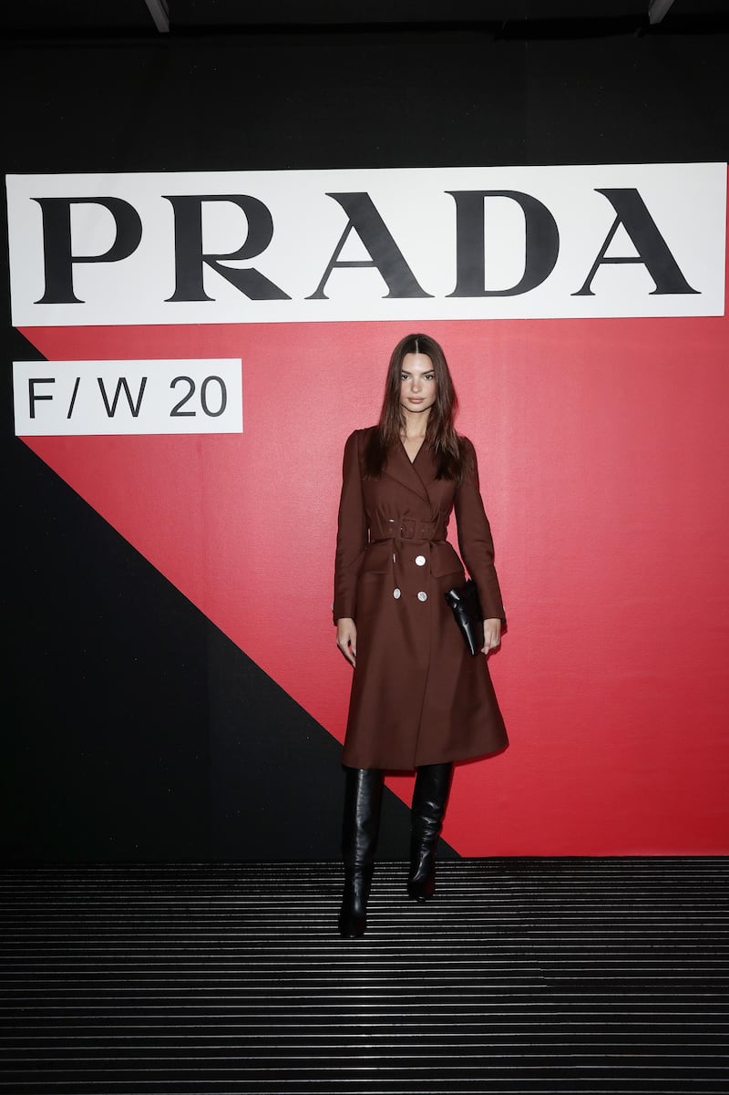 Emily Ratajkowski attends the Prada show during Milan Fashion Week on February 20, 2020. Getty Images