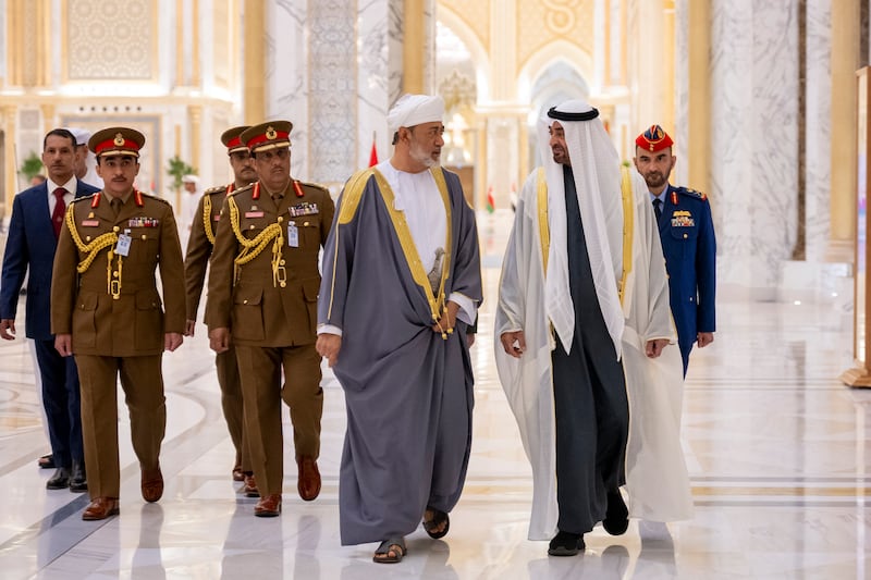 Sheikh Mohamed hosts a state visit reception for Sultan Haitham at Qasr Al Watan