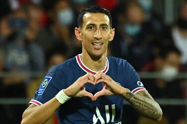 Paris Saint-Germain's Argentinian midfielder Angel Di Maria celebrates after scoring a goal during the French L1 football match between Stade Brestois and Paris Saint-Germain at Francis-Le Ble Stadium in Brest on August 20, 2021.  (Photo by LOIC VENANCE  /  AFP)