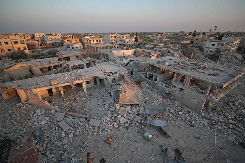 A picture taken on March 7, 2020 shows destruction in the village of al-Nayrab, about 14 kilometres southeast of the city of Idlib in northwestern Syria.  / AFP / Omar HAJ KADOUR
