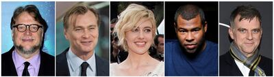 This combination photo shows nominated directors, from left, Guillermo del Toro for "The Shape of Water," Christopher Nolan for "Dunkirk," Greta Gerwig for "Lady Bird," Jordan Peele for "Get Out," and Paul Thomas Anderson for "Phantom Thread."  The 90th Academy Awards will be held on Sunday, March 4. (AP Photo)