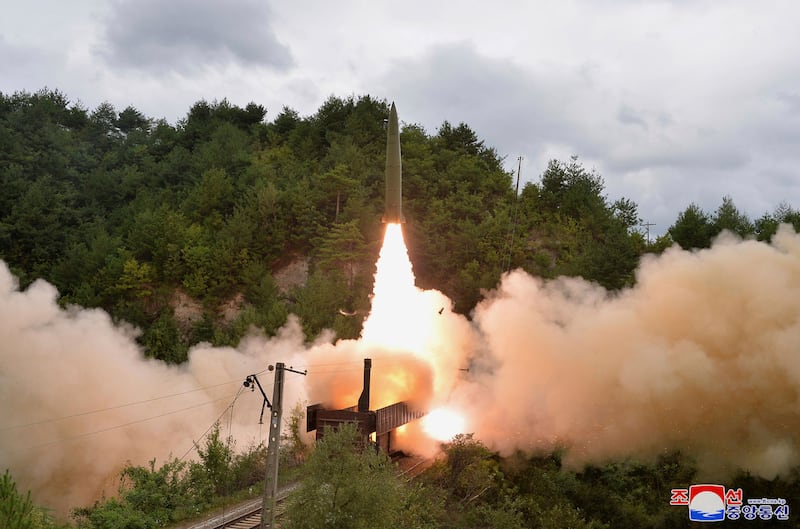 A test missile is launched from a train in an undisclosed location of North Korea. AP