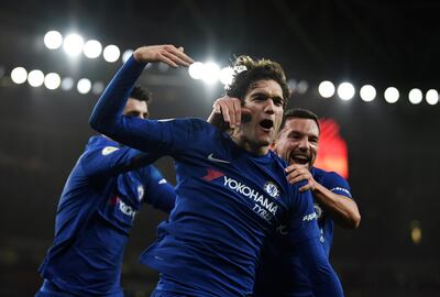 Soccer Football - Premier League - Arsenal vs Chelsea - Emirates Stadium, London, Britain - January 3, 2018   Chelsea's Marcos Alonso celebrates scoring their second goal    REUTERS/Dylan Martinez    EDITORIAL USE ONLY. No use with unauthorized audio, video, data, fixture lists, club/league logos or "live" services. Online in-match use limited to 75 images, no video emulation. No use in betting, games or single club/league/player publications.  Please contact your account representative for further details.     TPX IMAGES OF THE DAY