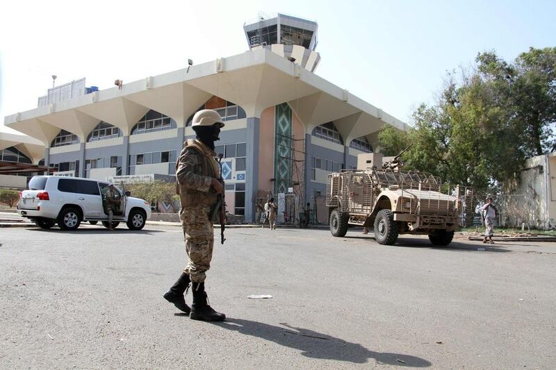 Yemeni security forces guard Aden’s airport on the arrival of prime minister Ahmed bin Dagher and seven ministers from Riyadh on September 22, 2016. Saleh Al Obeidi / AFP