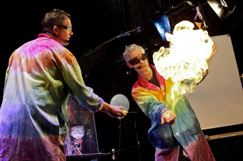 Dr Hal, left, and Sideshow Dave return to the Abu Dhabi Science Festival with new demonstrations, including using carbon dioxide to cause a fire and making a soda bottle explode. Courtesy Science Festival