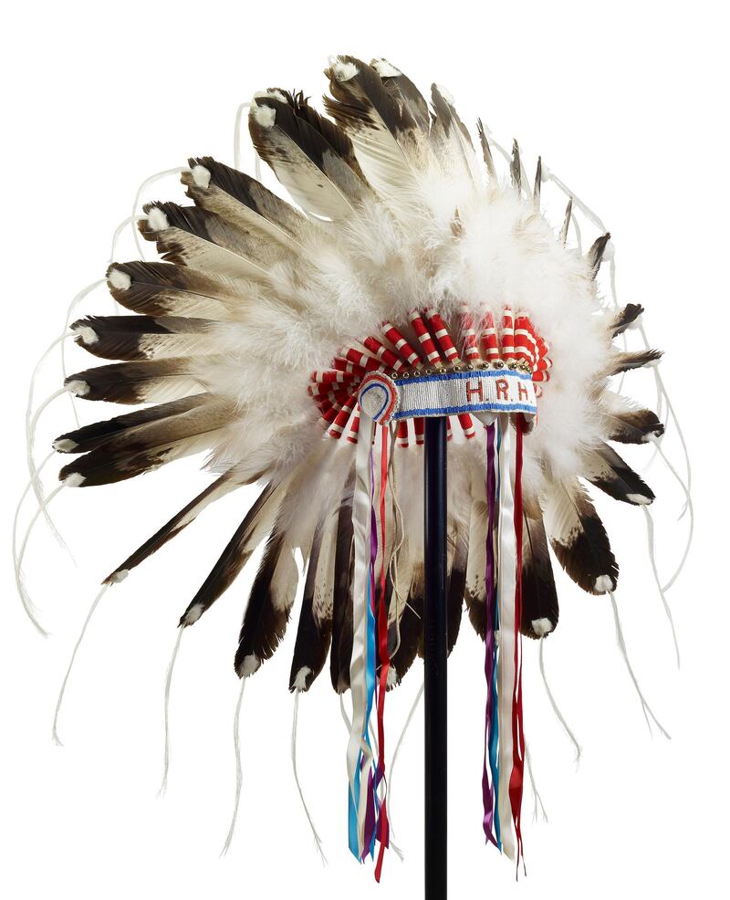 A First Nations feather headdress presented to Prince Philip by Jim Shot Both Sides, Head Chief of the Blood Reserve, during a Commonwealth Visit to Canada in 1973. Courtesy Royal Collection Trust