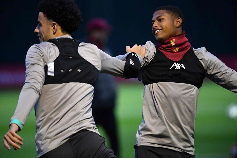 Liverpool midfielder Curtis Jones, left, and striker Rhian Brewster during a training session at Melwood. AFP