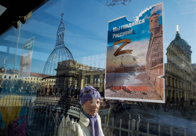 A poster in Saint Petersburg carries the letter Z, a symbol of support for the invasion, and reads: "We are proud of Russia! We are not ashamed!" AFP