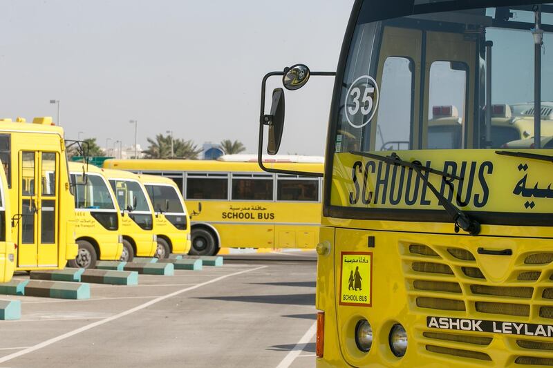 Abu Dhabi, United Arab Emirates. October 1, 2014///

Emirates Transport school buses parked. Abu Dhabi, United Arab Emirates. 
Mona Al-Marzooqi/ The National 

Reporter: Ramona Ruiz 
Section: National 
