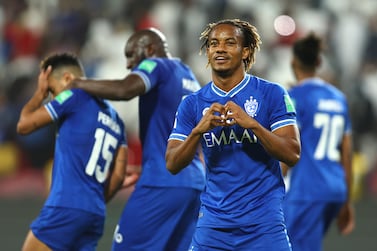 ABU DHABI, UNITED ARAB EMIRATES - FEBRUARY 06: Andre Carillo of Al Hilal celebrates after scoring their team's sixth goal during the FIFA Club World Cup UAE 2021 2nd Round match between Al Hilal and Al Jazira at Mohammed Bin Zayed Stadium on February 06, 2022 in Abu Dhabi, United Arab Emirates. (Photo by Francois Nel / Getty Images)