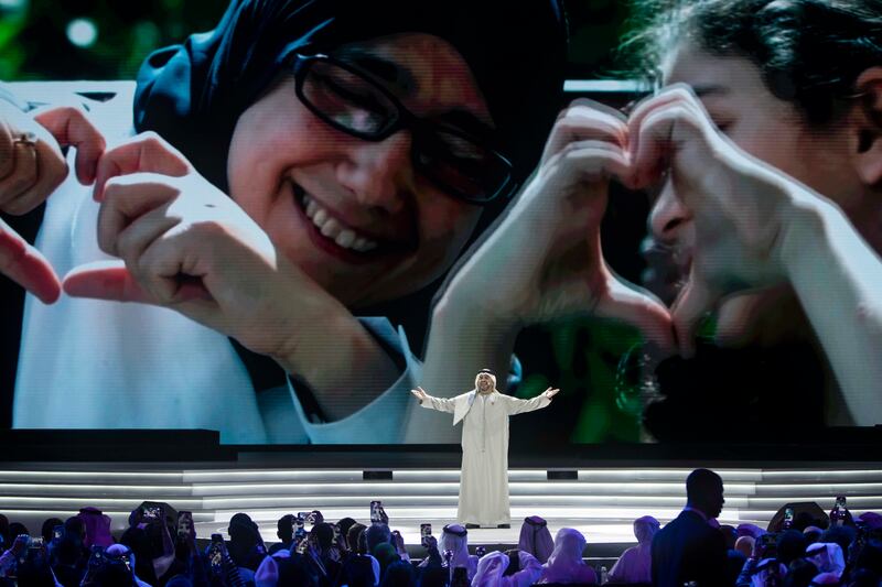 Emirati musician Hussain Al Jassmi performs at the Arab Hope Makers ceremony, at the Coca Cola Arena
