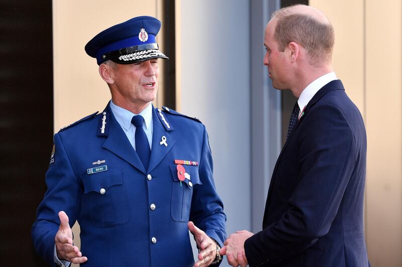 The Duke of Cambridge meets New Zealand's Commissioner of police Mike Bush during a visit to the Justice and Emergency Services Precinct in Christchurch. AP