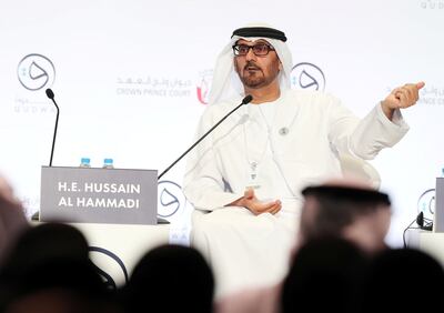 Abu Dhabi, United Arab Emirates - October 06, 2019: H.E. Hussain Ibrahim Al Hammadi, Minister of Education speaks in the opening plenary Teaching for Global Competence. Qudwa is a forum for teachers, by teachers that aims to elevate the teaching profession in the UAE. Sunday the 6th of October 2019. Manarat Al Saadiyat, Abu Dhabi. Chris Whiteoak / The National