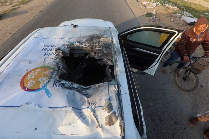 One of three World Central Kitchen vehicles struck by an Israeli drone attack in Deir Al Balah. Aid agencies and governments have spoken of their outrage over the strike. Reuters