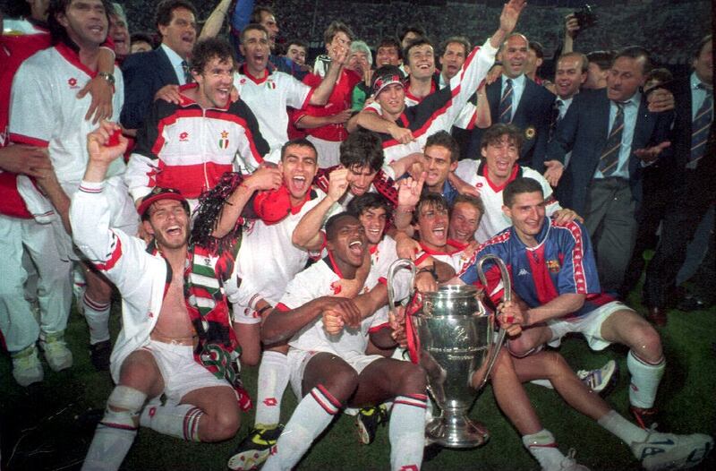 Jubilation is writ large as AC Milan kick off the celebrations after winning the Champions League in 1994