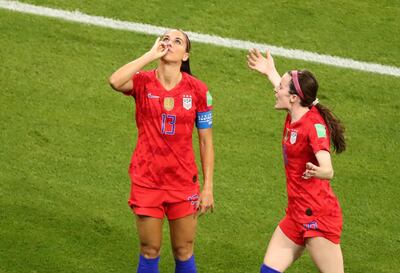 Soccer Football - Women's World Cup - Semi Final - England v United States - Groupama Stadium, Lyon, France - July 2, 2019  Alex Morgan of the U.S. celebrates scoring their second goal with Rose Lavelle  REUTERS/Lucy Nicholson