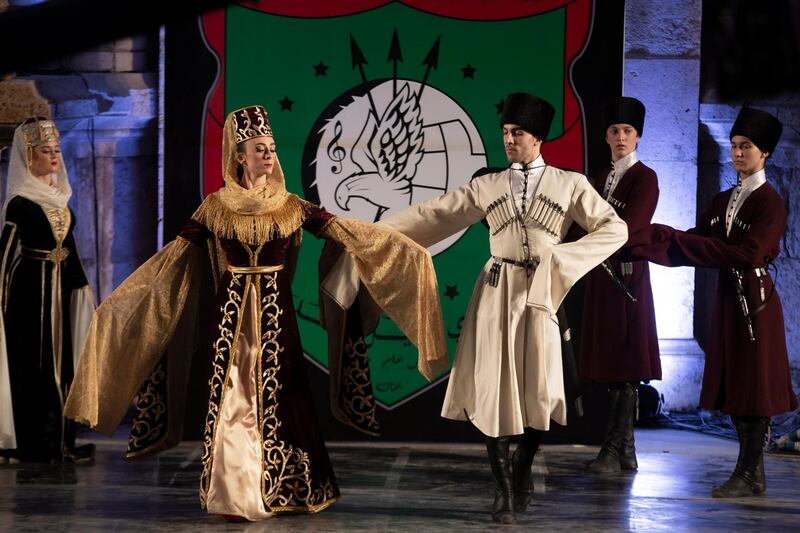 Circassian dancers from Al-Jeel Al-Jadeed Club (the New Generation Club) perform during the 2019 Jerash Festival of Culture and Arts at the Jerash archeological site, Jerash, some 46 km North of Amman, Jordan.  EPA