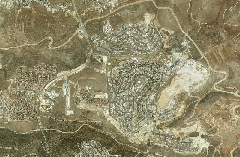 A handout photo made available by the Peace Now organization showing an aerial view of the Israeli settlement of Modiin Ellit in the West Bank. EPA