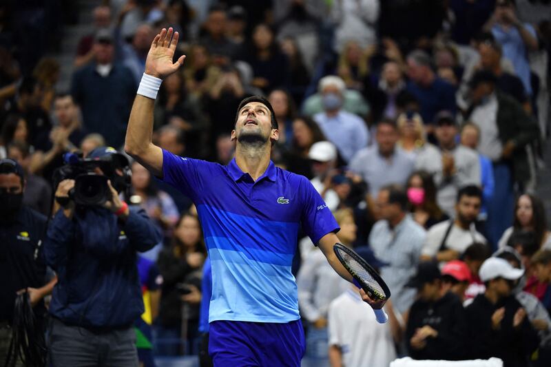 Novak Djokovic celebrates his win over Tallon Griekspoor in the second round of the US Open. AFP