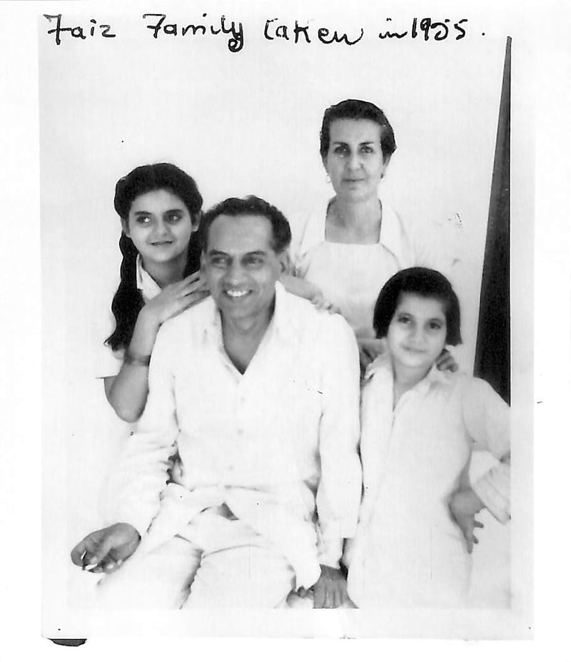 A 1955 photograph of Faiz with his wife, Alys Faiz, and daughters, Salima and Muneeza