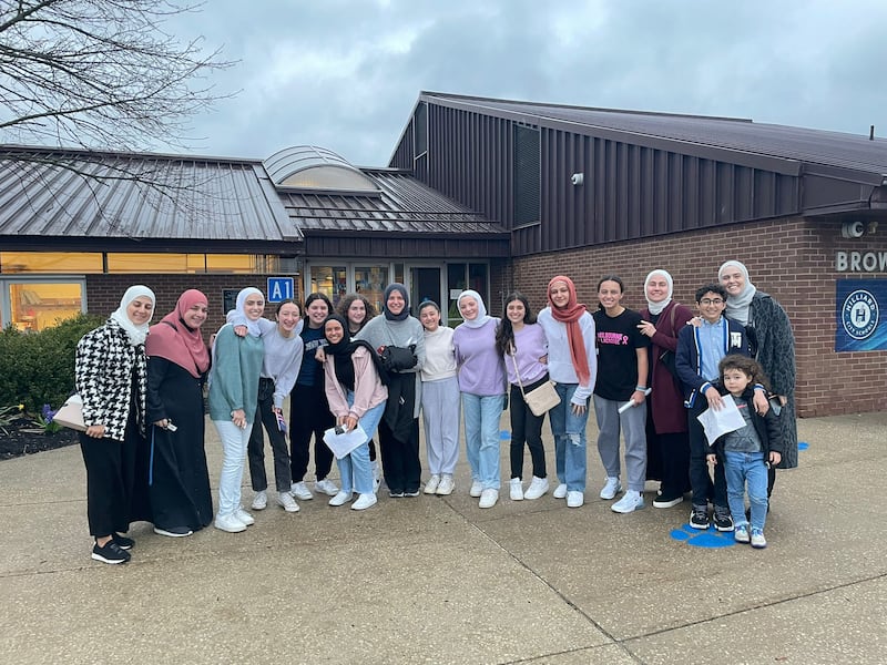 Sumaya Hamadmad with family members and supporters outside a school board meeting in Columbus, Ohio, where Muslim pupils asked for Eid Al Fitr to be made an official school holiday. Photo: Sumaya Hamadmad