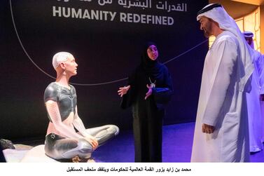 Sheikh Mohamed bin Zayed, Crown Prince of Abu Dhabi and Deputy Supreme Commander of the UAE Armed Forces, tours the Museum of the Future during the 2019 World Government Summit. Rashed Al Mansoori / Ministry of Presidential Affairs