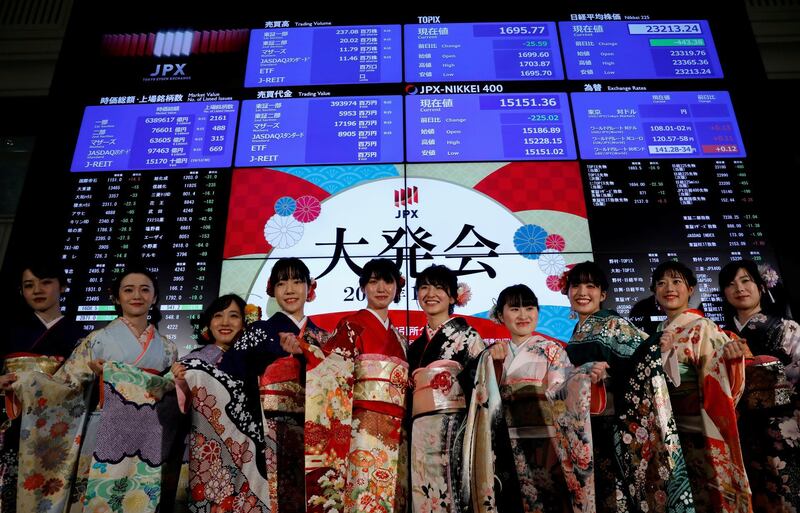 Women, dressed in ceremonial kimonos, pose in front of an electronic board showing stock prices after the New Year opening ceremony at the Tokyo Stock Exchange (TSE), held to wish for the success of Japan's stock market, in Tokyo, Japan, January 6, 2020.   REUTERS/Kim Kyung-Hoon