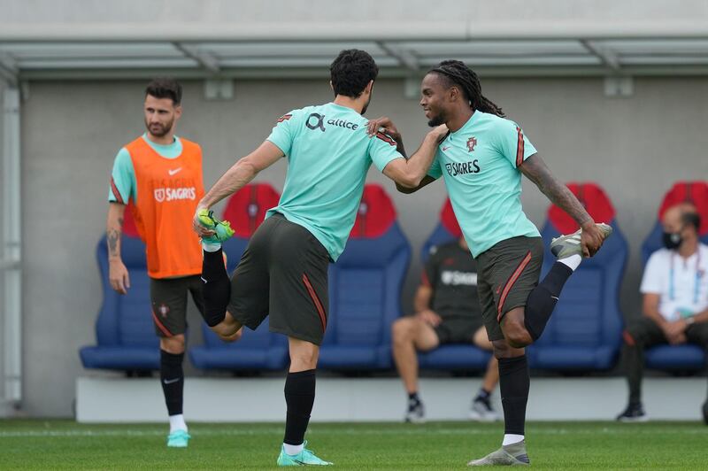 Portugal players prepare for the match against France. EPA