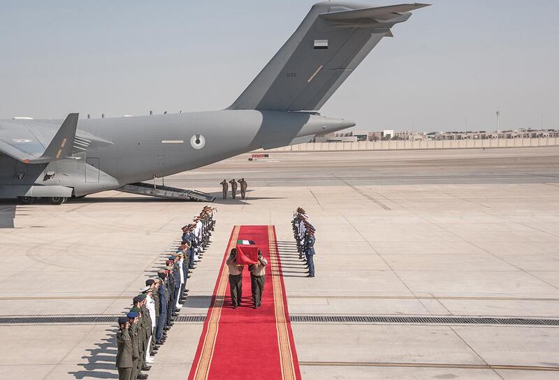 ABU DHABI, 27th October, 2017 (WAM) -- The body of martyr First corporal Saeed Matar Ali Al Ka'abi arrived on Friday at Al Bateen Executive Airport, on board a military aircraft of the armed forces. WAM