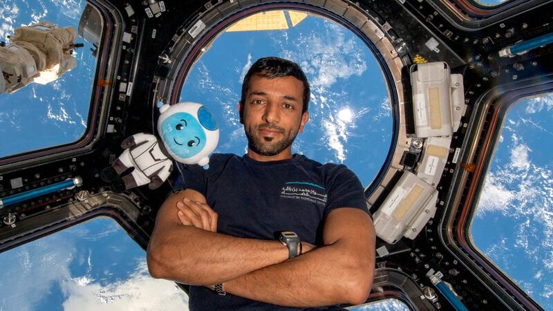 Sultan Al Neyadi, with mascot Suhail, on the International Space Station. Photo: Sultan Al Neyadi / X