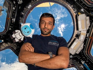 Emirati astronaut Dr Sultan Al Neyadi, Minister of State for Youth Affairs, with Suhail – his trusty space-travelling mascot – in the International Space Station. Photo: Dr Sultan Al Neyadi