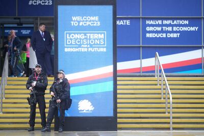 Mr Sunak's new promise to make 'long-term decisions for a brighter future' is a prominent slogan at the Tory conference. Getty Images