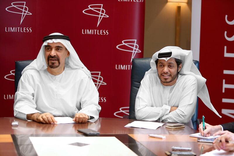 Limitless chairman Ali Rashid Lootah, left, and chief executive and Mohammed Rashed during the announcement of the company’s debt repayment plan on Monday. Pawan Singh / The National