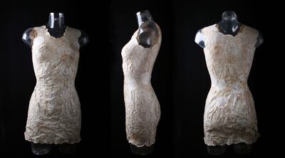 The 'mushroom dress', created by Dutch textile designer Aniele Hoitink, using pieces of mycelium. Photo: Aniela Hoitink / Neffa
