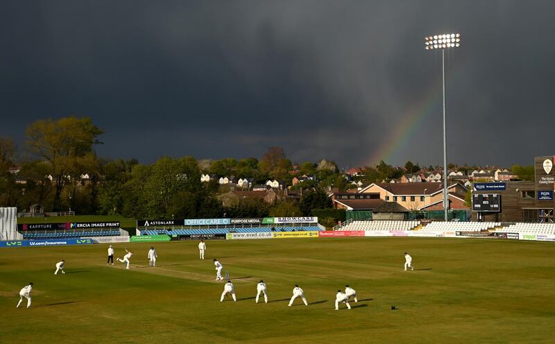 Nottinghamshire's Stuart Broad bowls to Tom Wood of Derbyshire during the County Championship match at the County Ground on Friday, April 30. Getty