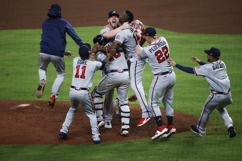 Atlanta Braves players celebrate after defeating the Houston Astros in game six of the Major League Baseball World Series at Minute Maid Park in Houston, Texas. EPA