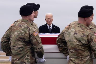 US President Joe Biden watches as a team carries a casket containing the remains of a soldier killed in the drone attack on a US base on the Syrian-Jordanian border on January 28. EPA