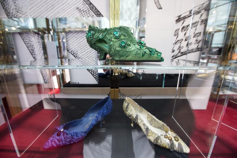 Decadent textures and intricate embellishments are featured on some of the shoes at the Roger Vivier Icons Connected exhibition at The Galleria Mall on Al Maryah Island, Abu Dhabi. Christopher Pike / The National