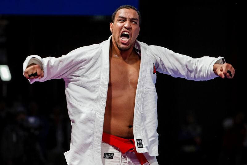 epa06970707 Faisal Alketbi of United Arab Emirates reacts after a match against Zaid Sami of Jordan during the men's 94 kg Ju-Jitsu gold medal match of the 18th Asian Games Jakarta-Palembang 2018 in Jakarta, Indonesia, 25 August 2018.  EPA/ADI WEDA