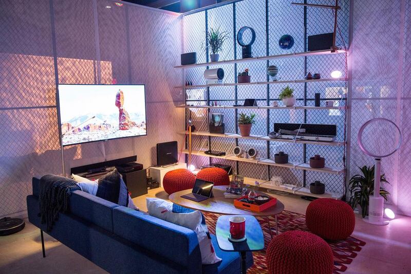 Gizmodo’s Home of the Future features a living room, kitchen, bedroom, office and more designed and custom-built by the Brooklyn studio Bernheimer Architecture. Andrew Burton / Getty Images / AFP