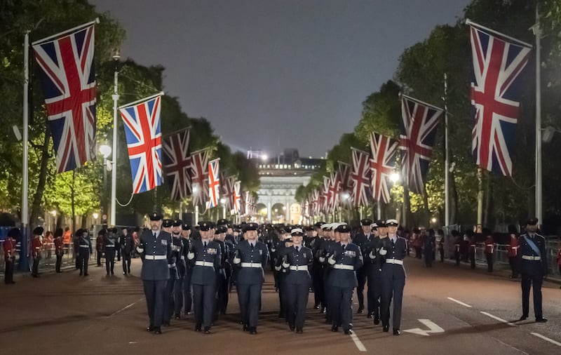 A procession down The Mall during the early morning rehearsal.
