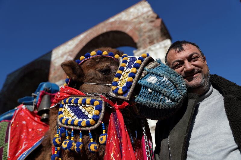 Yahya Yavuz poses with his wrestling camel Yavuzhan 01 during the Camel Beauty Contest on the sidelines of the wrestling festival.