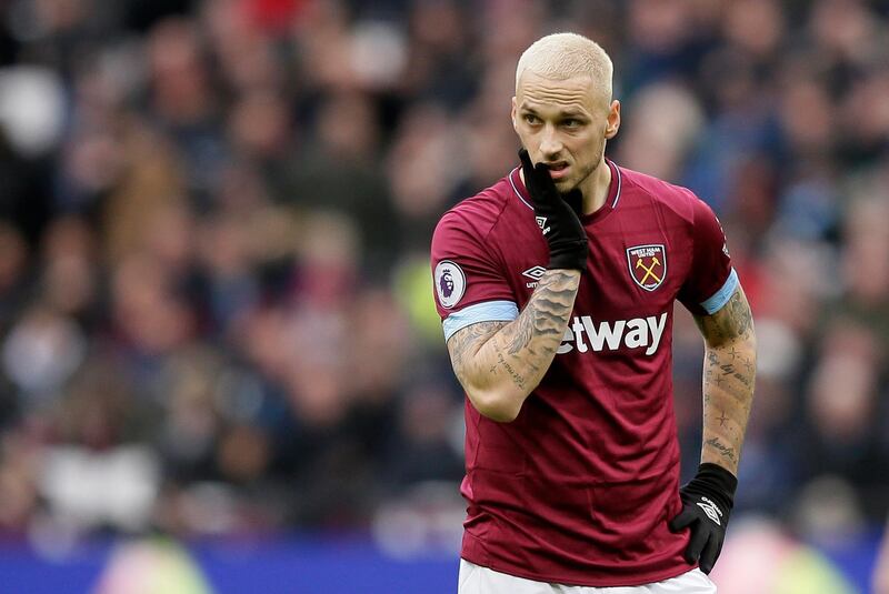 FILE - In this file photo dated Saturday, Jan. 12, 2019, West Ham's Marko Arnautovic reacts during the English Premier League soccer match against Arsenal at London Stadium in London. West Ham has announced the sale of Marko Arnautovic to Chinese champion Shanghai SIPG in a terse, two-line statement issued Monday July 8, 2019. (AP Photo/Tim Ireland, FILE)